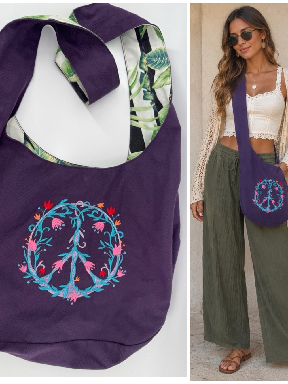 Hathywear Bags Purple Floral Boho Peace-Embroidered Crossbody Tote Bag Shopping